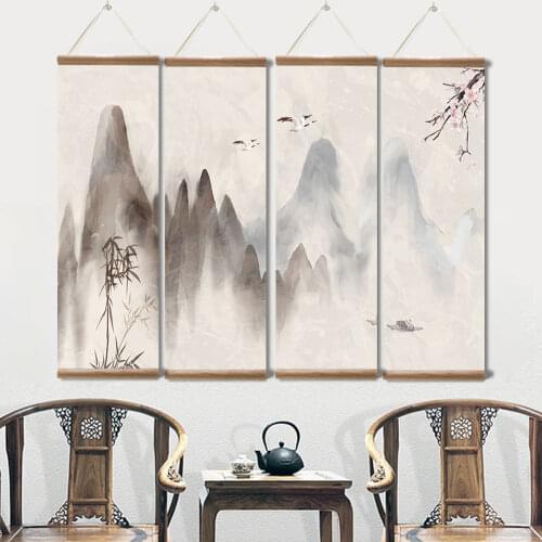 Chinese Ink Landscape Canvas Scroll Paintings Posters Prints Wall Art Pictures for Livingroom Bedroom Home Decor with Frame