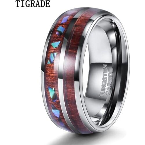 Tigrade new Tungsten Ring for Men Women Wood and Shell Inlay Unique Design Wedding Band Unisex Jewelry Domed surface Comfort fit