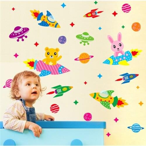 Space astronaut cartoon animal wall sticker kids room outer space planet galaxy rocket ship stickers decorative wall backgrounds