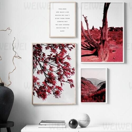 Red Home Decoration Painting Lush Tree Leaves Forest Dead Wood Living Room Coffee Shop Bedroom Wall Canvas Poster Simple Text