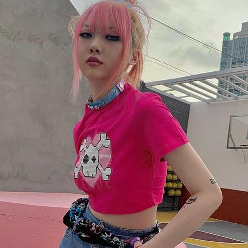 Y2K Pink Crop Top Oosbaby Skull Print Girl Gothic Women T-Shirt Corset Summer Harajuku Streetwear Short Tee Punk Graphic T-Shirt
