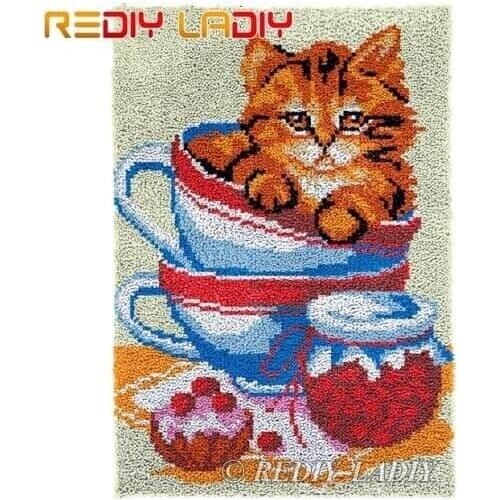 Latch Hook Rug Chunky Yarn Tapestry Kits DIY Carpet Rug Cat in a Cup Knitted Floor Mat Crochet Cushion Arts & Crafts 58*87cm