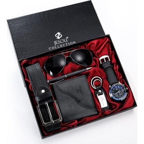 Men Watch Boutique Gift Set Glasses + Belt + Wallet + Key Chain + Large Dial Quartz Watch + Pen Casual Fashion Watches Male