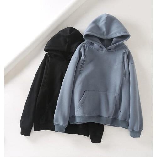 New Fashion 2020 Autumn Hooded Long Sleeve Pocket Zipper Expose Shoulder Warm Loose Sweatshirt Woman Tide Q076