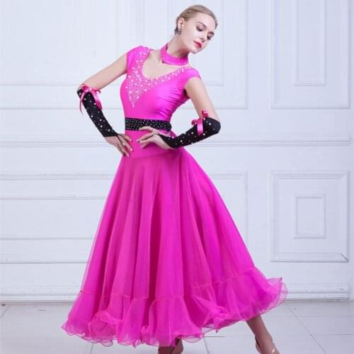 New Arrival of 2018 Womens Short Sleeve Standard Ballroom Dancing Dress with Diamond Adorned on Front 2 Color for Choose A0072
