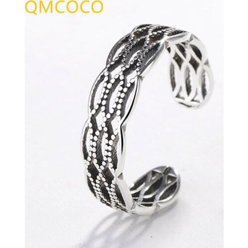 QMCOCO 925 Sterling Silver Minimalist Geometric Black Hollow Braided Rope Adjustable Ring For Fashion Women Party Fine Jewe