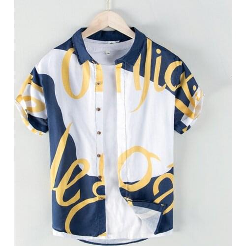 Letter Print Short Sleeve Shirt for Men Summer New Cotton Linen Patchwork Design Vintage Casual Tops Male Button Clothing
