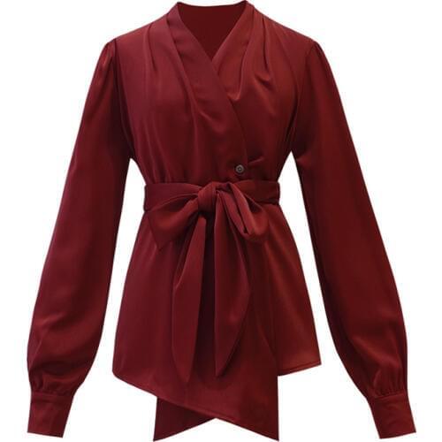 PERHAPS U Women Satin White Red Black Shawl Collar Long Sleeve Sash Wrap Solid Top Office Lady Work Shirt B0484
