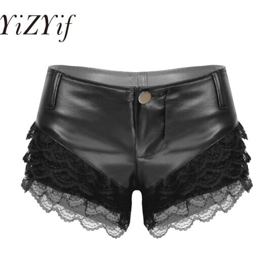 Womens Lace Patchwork PU Leather Shorts Ladies Fashion Street Low Waist Button Hot Mini Shorts for Rave Party Dancing Clubwear