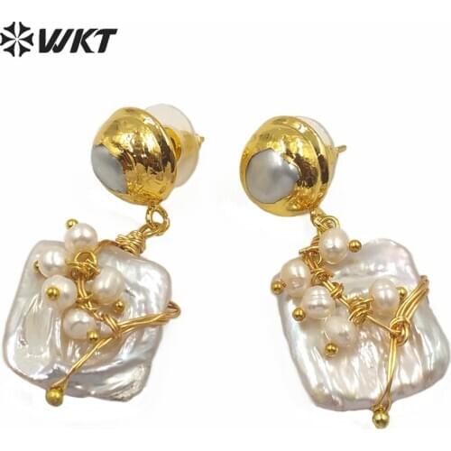 WT-MPE017 Fashion Natural freshwater pearl earring square pearl with gold trim wire wrapped earring lady elegant pearl earring