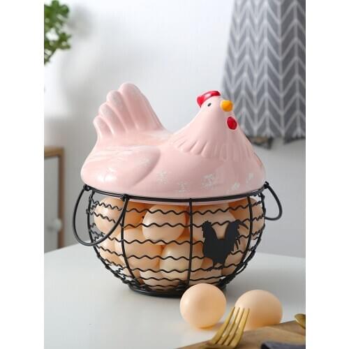 Iron Egg Storage Basket Chicken Shape Ceramic Lid Anti-slip Fruit Organizer With Handle Large Capacity Kitchen Mesh Holder