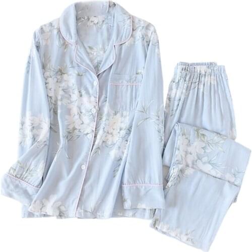 Women Autumn 2 Piece Cotton Pajamas Set Long Sleeve Lapel Button Down Tops Loose Pants Vintage Floral Print Sleepwear Home Suit