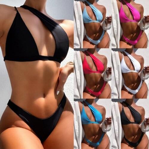 One Shoulder Bikini Swimsuit Women 2 Pieces Hollow Out Swim Bathing Suit Beachwear Solid Swimwear Summer 2021 Biquini Set