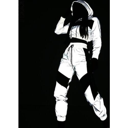 Fashion Female Loose Jacket Coat Matching Sets Plus Size Hip Hop Reflective 2 Piece Set Women Tracksuit Hoodies Crop Top Pants