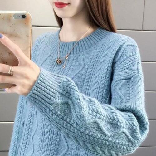 Plush / No Plush Round Neck Twist Pullover Sweater Women Autumn And Winter New Short Loose Warm Knitting Solid Lady Sweater