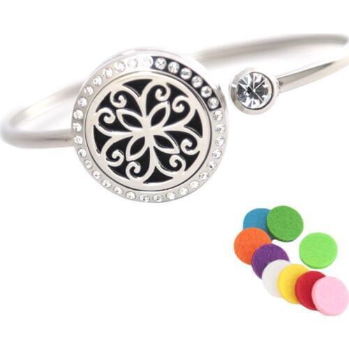 10Pcs Silver Flower Bracelet Bangle Aromatherapy 25mm Magnet Crystal Stainless steel essential oil diffuser locket bracelet