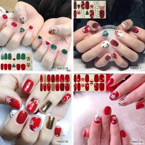 14tips/sheet Full Cover Tips Nail Sticker French Christmas Elk Snowman Flower Snowflake Wraps Adhesive DIY Nail Art Decals
