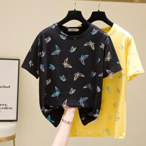 2021 Summer Casual Knitted Butterfly print T-Shirt Women Short Sleeve O-Neck Loose Tops Female Oversized Cotton tshirts Ladies