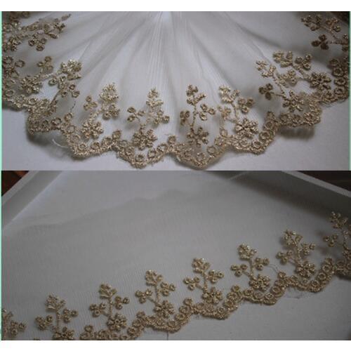 9cm or 3.543inch wide -14yards/lot White Mesh Based Gold Thread Embroidered Tulle Lace for Garment Decoration