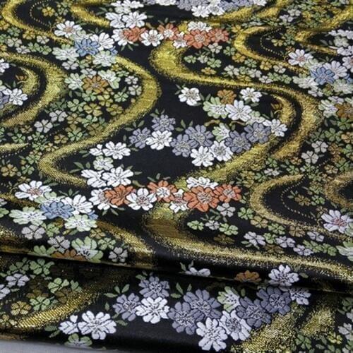 CF587 Golden Wave Black Fabric Cherry Blossom Jacquard Nishijin Brocade Fabric The Kimono Clothing Fabric DIY Sewing Materials