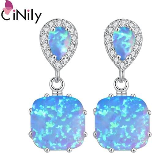 CiNily Ocean Blue Fire Opal Long Stud Earrings Silver Plated Droplet CZ Crystal Stone Filled Earring Large Party Fully-jewelled
