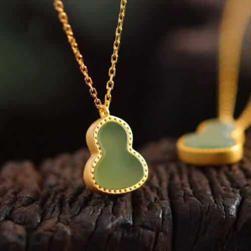 Natural Hetian Jade Gray Jade Small Calabash Pendant Sterling Silver S925 Gilding Inlaid Simple Female Necklace Elegant and Ethn