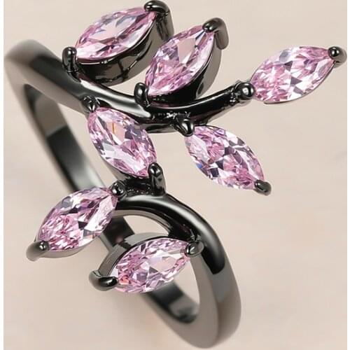 Dainty Female Pink Crystal Stone Ring Luxury 14KT Black Gold Wedding Rings For Women Charm Bride Leaf Zircon Engagement Ring