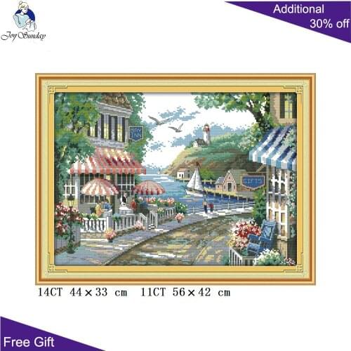 Joy Sunday Seaside Cafe Cross Stitch F645 14CT 11CT Counted and Stamped Home Decoration The Seaside Cafe Cross Stitch kits