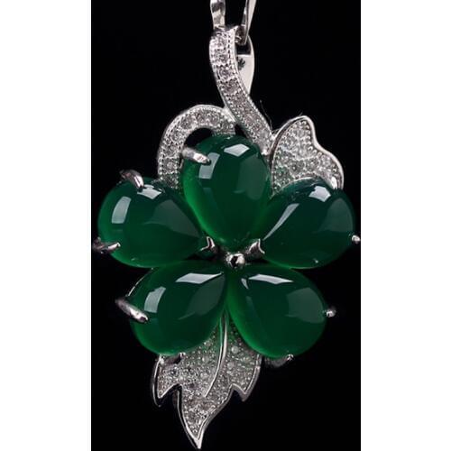L&B Silver Color inlay natural ice green chalcedony pendant female Sauteed Green Flower Best Birthday/Party/Wedding Present