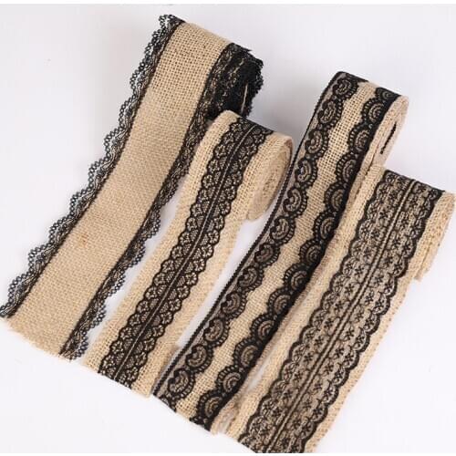 2M 5cm Natural Jute Burlap Black Lace Ribbon Rustic Vintage Wedding Decor Hessian Lace Jute Roll Handmade DIY Accessories