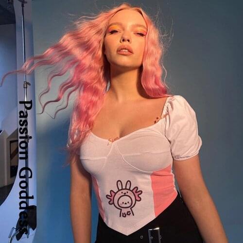 Cute Women Sweet Girls Cartoon Printed Crop Shirts Short Sleeve Irregular Patchwork Pink Slim T Shirt Kawaii Bow-knot Crop Tops