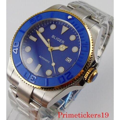 New bliger 43mm blue dial men wristwatch calendar indicator NH35 NH36 automatic movement rotating bezel stainless steel strap