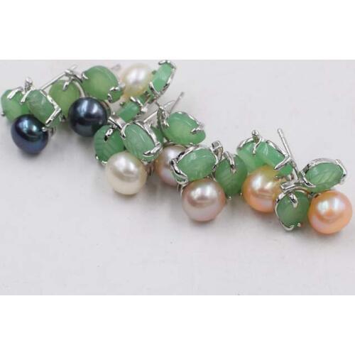 One pair white/black/pink/purple freshwater pearl earrings coin green jade flower 6-7mm FPPJ wholesale beads nature