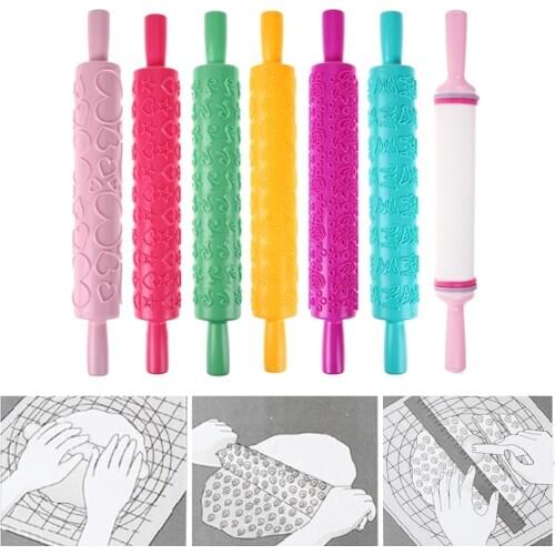7 Patterns Plastic Rolling Pin Flower Textured Embossed Roller Mold DIY Fondant Cake Decoration Kitchen Accessories Dropship
