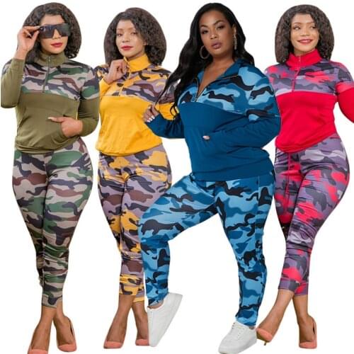 Casual Women Camouflage Patchwork Tracksuits Outfits Lady Big Size Turn-down Collar Zipper Pullover Sport Pants Two Piece Sets