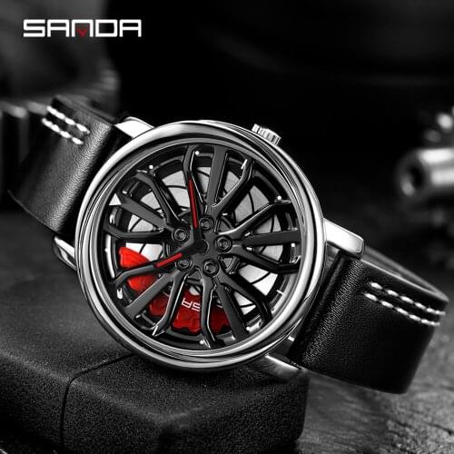 SANDA 2021 Hot Sale Brand Mens Watch Creative 360 Degree Rotating Wheel Quartz Watch Leather Waterproof Hub Clock Mens Relogio