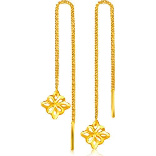 Pure 24K Yellow gold Flower Dangle Earrings 2.70g