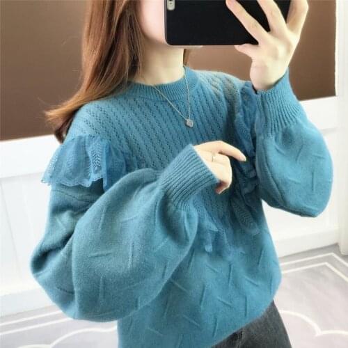 Spring Autumn Style Womens Sweater Round Neck Long Lantern Sleeve Patchwork Lace Solid Color Pullover Women Fashion Sweet Tops