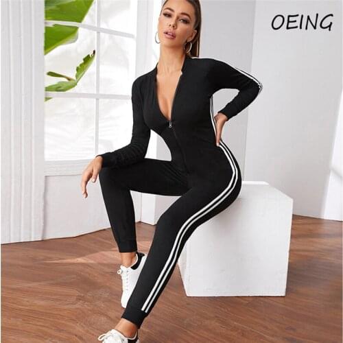 2021 Sport Yoga Sweat Suit One Piece Tight Dry Fit Stripe Jumpsuit Zip Up Jogging Activewear Sets for Women