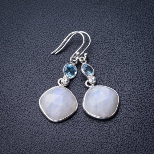 StarGems Natural Rainbow Moonstone And Blue Topaz Handmade 925 Sterling Silver Earrings 1.75" D7700