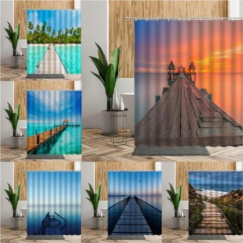 Beach Printed Fabric Shower Curtains Wooden Bridge Sea Scenery Bath Curtain Screen Waterproof Products Bathroom Decor With Hooks