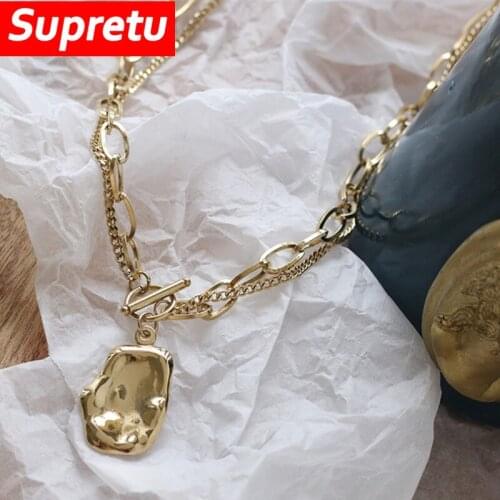 Vintage OT Buckle Necklace Titanium Steel Chic Gold Irregular Shape Pendant Double-layer Choker For Women Hip hop Jewelry Gift