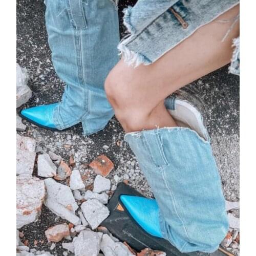 Moraima Snc Pointed Toe Thick Heels Denim Boots Vintage Knee High Cowboy Boots Punk Style Riding Boots Jeans Boots