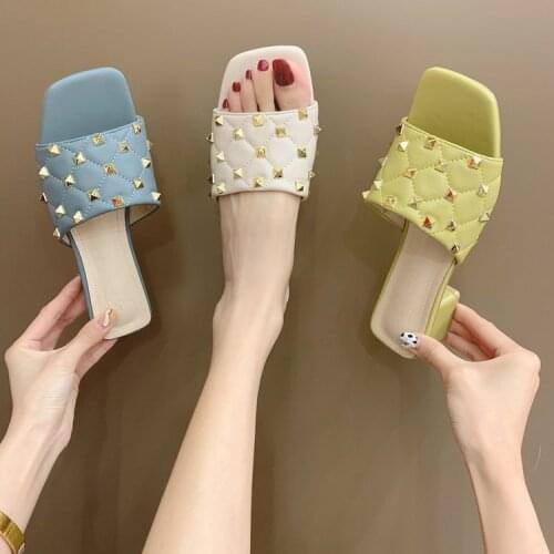 2021 Fashion Mules Chunky Heels Women Shoes Woman Brand Candy Rivet Ladies Shoes Female Slides Peep Toe Slippers Beauty Feetwear