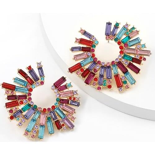 ZHINI New Ethnic Colorful Crystal Big Earrings for Women 2021 Geometric Round Rhinestone Statement Earrings Wedding Jewelry
