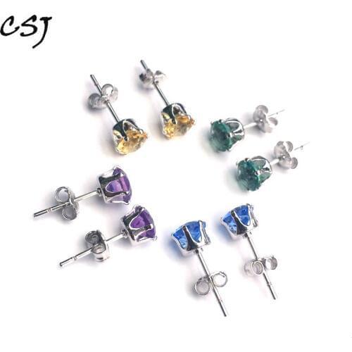 CSJ natural amethyst or citrine or topaz Stud Sterling 925 Silver Earring Fine Jewelry Women Lady Wedding Engagment Party gift