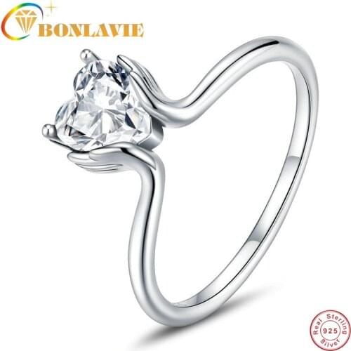 BONLAVIE S925 Silver Palm Love Ring Simple Fashion Love Zircon Ring Jewelry for Women