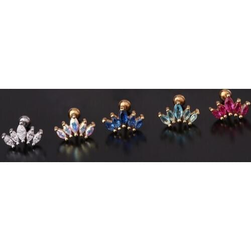 1 PCS Simple Mix Color Zircon Crown Shape Ear Piercing Cartilage Earring Trendy Cute Gold Color Ear Stud Cuff Steel Bar Jewelry