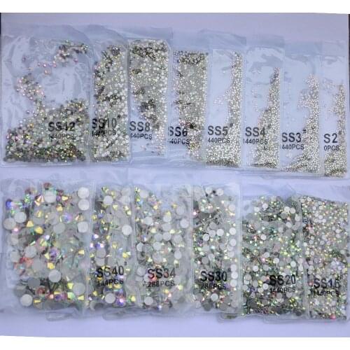 10Bags Crystal AB 3D Nail Art Decorations ss3 ss4 ss5 ss6 ss10 ss12 ss16 ss20 ss30 ss34 Glass Non HotFix Nail Art Rhinestones