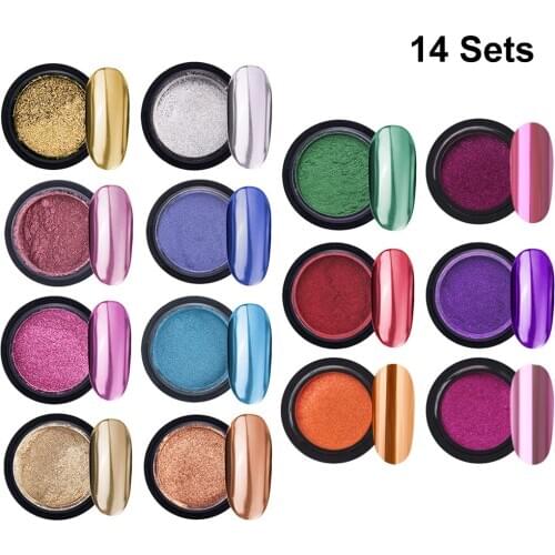 14 Sets Nail Powder Metallic Nail Art Nail Powder Metallic Nail Art Powder Mirror Effect Manicure Pigment With Sticks